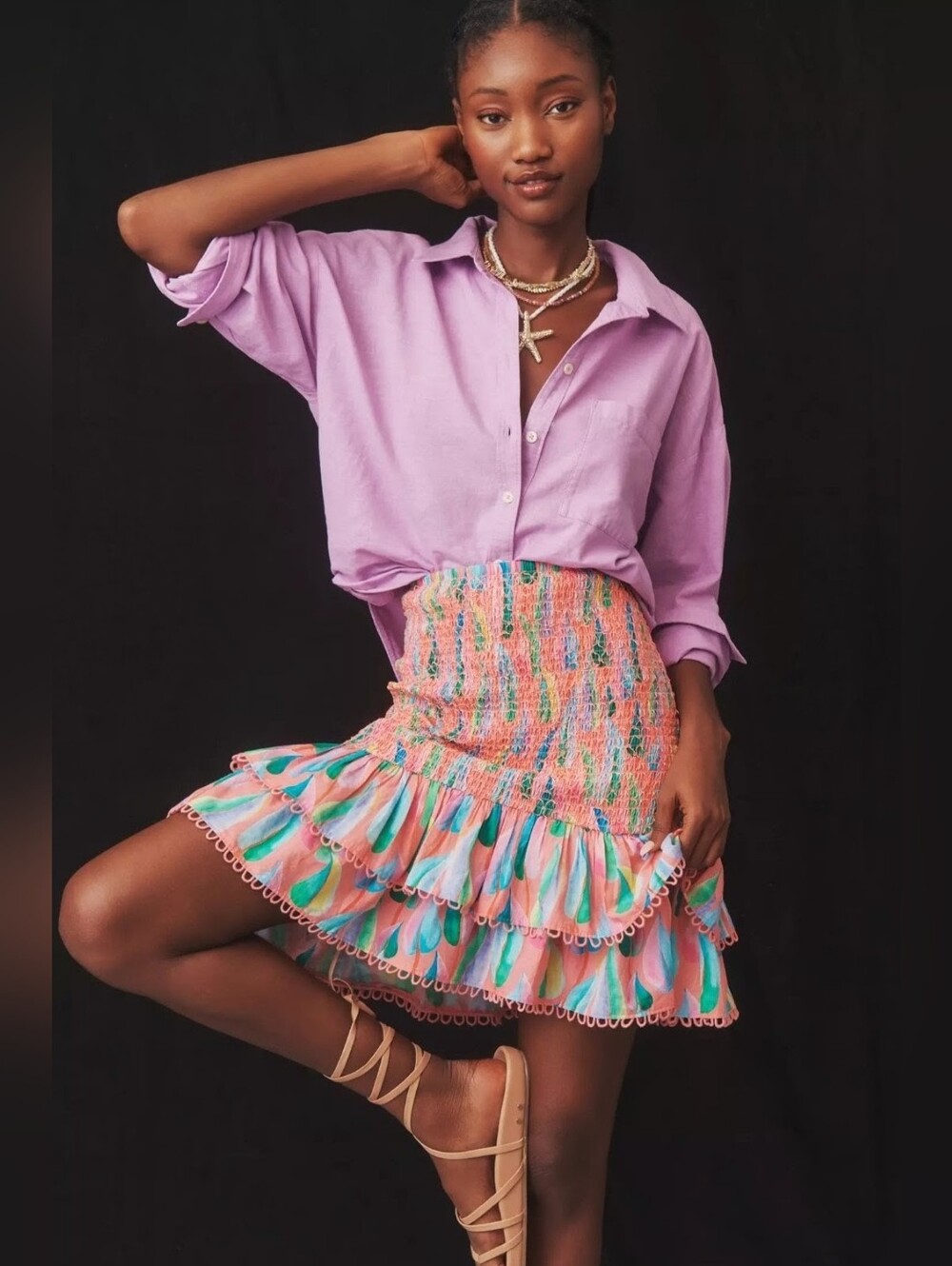 FARM Rio Printed Smocked Ruffle Mini Skirt in Pink Combo